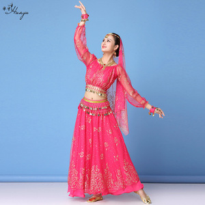 Ropa de actuación de vientre de danza India gasa de manga larga falda larga traje de actuación de escenario femenino - Product Image 4