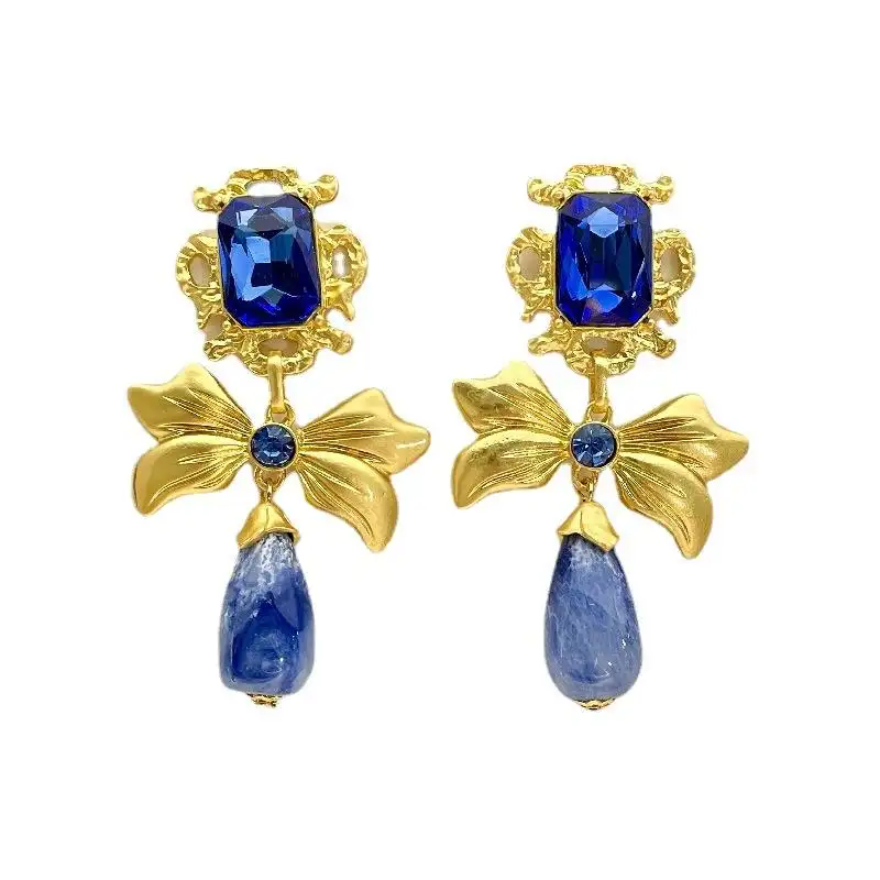 Girl Jewelry Vintage Butterfly Niche Design Bow Earrings Rhinestone Handcrafted Blue Glass Stud Drop Earrings Style For Women