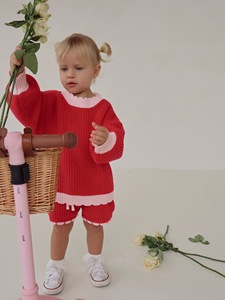 Ensemble personnalisé haut festonné et short en tricot, combinaison-pull en maille pour bébés filles, pantalon en coton rouge, ensemble pull-over - Product Image 6