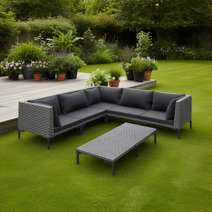 Ensemble de salon de jardin en acier enduit de poudre gris foncé, 6 places, collection de meubles d'extérieur contemporains - Product Image 2