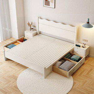 Solid Wood <b>Bed</b> Nordic Cream Style 1.5M Single 1.8M <b>Double</b> Storage <b>Bed</b> With Hard Headboard For Adults And Elderly - Product Image 3