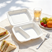 Boîte à clapet SUMKOKA 9 pouces à 2 compartiments en bagasse, conteneur alimentaire jetable en pulpe de canne à sucre pour plats à emporter