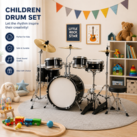 Ensemble de batterie pour enfants 5 pièces en bois de peuplier et métal, pliable, avec 3 cymbales, baguette de batterie, tabouret et supports pour débutants