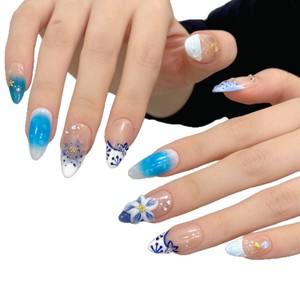 <span class=keywords><strong>Uñas</strong></span> Postizas Estilo Océano Hawaiano con Flores 3D, Forma Almendrada, Hechas a Mano, <span class=keywords><strong>Uñas</strong></span> Falsas con Efecto Degradado - Product Image 6