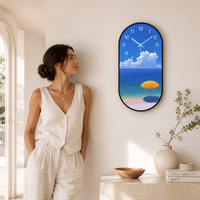 Jam Dinding Porselen Kristal HD Motif Pantai, Lukisan Langit Biru dan Payung Pantai untuk Hotel