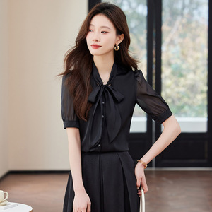 Women's <b>Black</b> Short Sleeve Chiffon Shirt With Bow Tie Office Wear Solid Color Polyester Blouse Set - Product Image 4