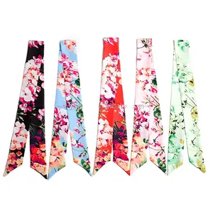 Selling neckerchief Handmade flower printing stock imitated silk scarf for bags