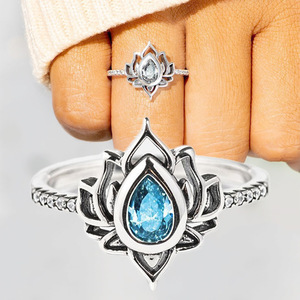 Q253 <b>Lotus</b> Flower Ring Women's Topaz Gemstone Pear Cut Bezel Setting Everyday Wear Fine <b>Jewelry</b> - Product Image 1