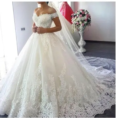 KX Custom off-shoulder mesh stitching luxury wedding party dress embroidery tutu lace sexy wedding dresses for women