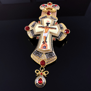ZDGB-1 Ultima Croce Pettorale Ortodossa Russa in Lega Placcata Oro Greco e Nero con Icona di Gesù, Collana - Product Image 3