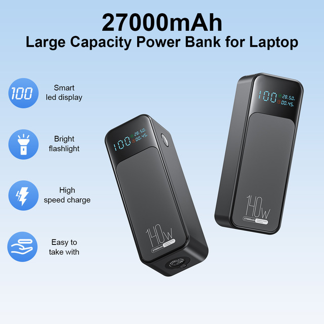 27000mAh PD130W/140W High-Power Laptop & Phone Power Bank with Type-C/USB-A Outputs CE/FCC/UN38.3 Certified Durable ABS Casing