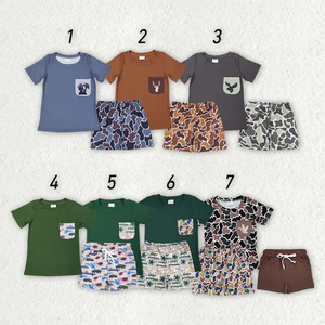 Conjunto de Verano para Niños Pequeños, Camiseta de Manga Corta de Algodón y Pantalones Cortos con Estampado de Camuflaje Multicolor, Conjunto de 2 Piezas Hunter - Product Image 1