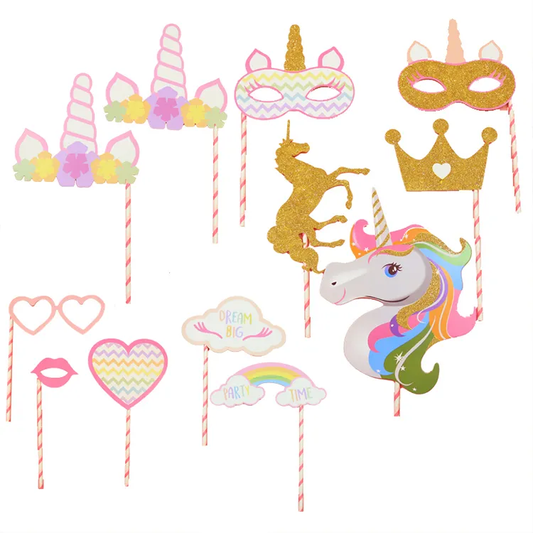 Unicorn corona occhiali amore festa di compleanno forniture Baby Shower bambini 12 pz/set polvere d'oro Photo Booth puntelli