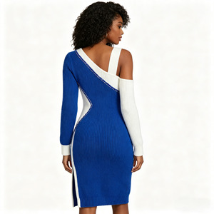 Abito <span class=keywords><strong>in</strong></span> <span class=keywords><strong>maglia</strong></span> da donna blu e bianco a blocchi di colore, asimmetrico monospalla <span class=keywords><strong>con</strong></span> cut-out, <span class=keywords><strong>vestito</strong></span> a costine aderente midi <span class=keywords><strong>con</strong></span> <span class=keywords><strong>spacco</strong></span> - Product Image 2