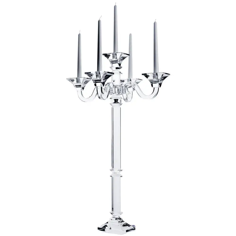 Portavelas de cristal alto de pilar de cristal, candelabros de cristal de 5 brazos para decoración de boda, candelabros de cristal baratos