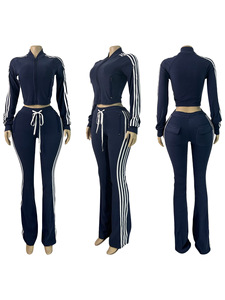 E5067-Комплект из двух предметов: повседневный вельветовый костюм для женщин, топ с длинным рукавом на молнии и расклешенные брюки в полоску - Product Image 4