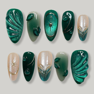 Uñas Acrílicas de Diseño <span class=keywords><strong>Verde</strong></span> Concha, Hechas a Mano, de Lujo, Reutilizables, Venta al Por Mayor - Product Image 1