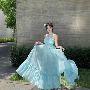 Vestido Casual Largo con Cuello Halter en Verde Menta Francés, Estilo Vacaciones en la Playa, Cintura Imperio, Transpirable, para Celebraciones - Product Image 2