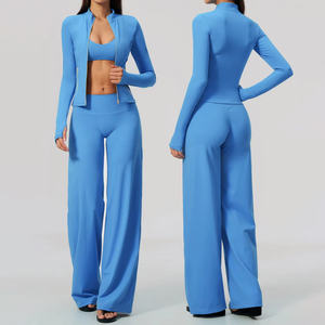 Women Blue Casual <b>Short</b> 2 Piece <b>Set</b> Sleeveless Zipper <b>Top</b> Wide Leg Pants Breathable Knitted Polyester Striped Spring/Summer - Product Image 1