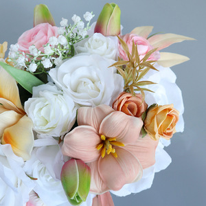 Ramo de flores de boda de <span class=keywords><strong>Lilly</strong></span> Rose de seda naranja blanca para novia, ramo de flores artificiales de <span class=keywords><strong>Lilly</strong></span> Rose gota de agua ramos de novia - Product Image 4