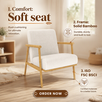 Fauteuil d'appoint moderne en bambou massif durable avec coussin en tissu confortable, sain et sans formaldéhyde, pour salon, bureau à domicile, chambre