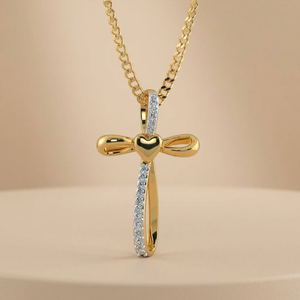 Collar con Colgante de Cruz y Corazón en Oro de Dos Tonos Natural, Chapado en Oro con Diamantes, Joyería Fina de Lujo, Regalo de Boda - Product Image 1