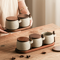 Ensemble de pots à condiments en céramique et bambou avec motif d'oiseau en relief, 250 ml, boîte à épices avec couvercle en bois, cuillère, plateau ovale, 2 ou 3 pièces, service de cuisine