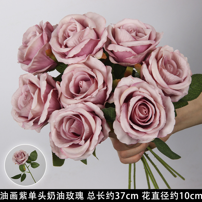 Pintura al óleo - Rosa crema de un solo tallo, color púrpura.