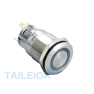 19mm Ring Led Metal Flat Head Waterproof Momentary/Latching 5 Pins 12v Led illuminated Metal Push Button Switch
