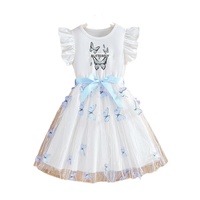 Nouvelle Robe d'Été 2026 pour Filles, avec Nœud, Manches Bouffantes, Imprimé Papillon, Design Bicolore Blanc et Bleu, Jupe en Tulle Fluide