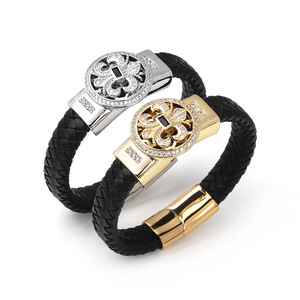 Handcrafted Genuine <b>Leather</b> <b>Bracelet</b> With PVD Gold Stainless Steel Magnetic Clasp & Rotatable Cubic Zirconia Fleur De Lis Charm - Product Image 1