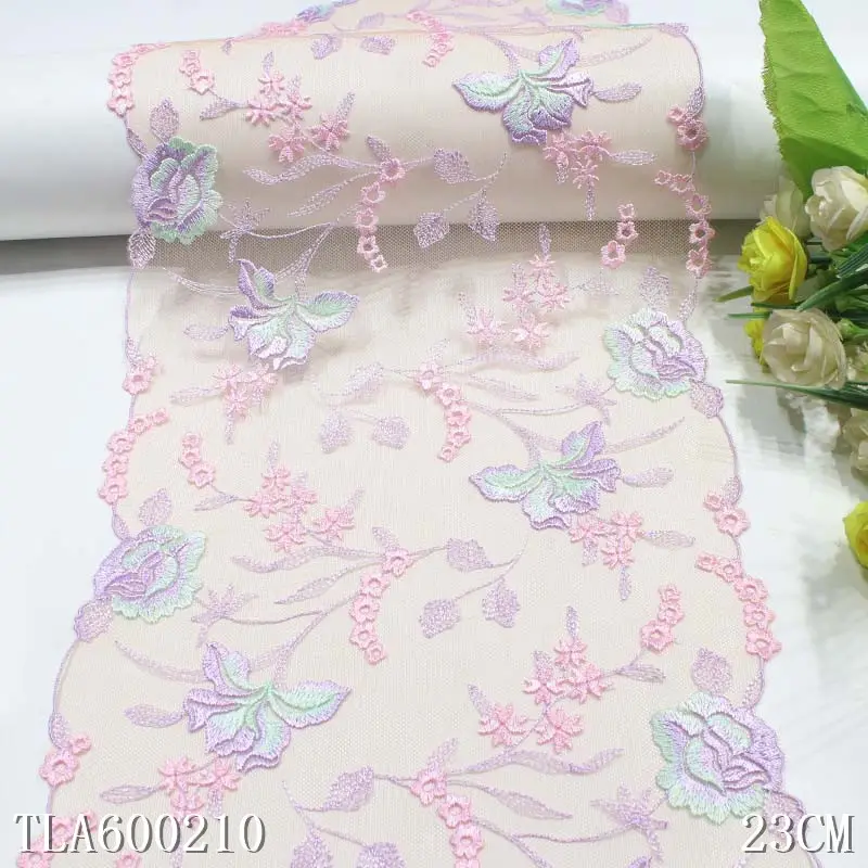 23cm Tulle Embroidery Lace Trim Purple Flower Mesh Lace for Lingerie Underwear Dress