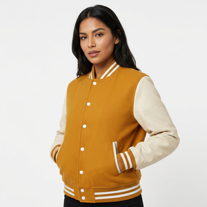 OEM Custom Embroidered Breathable Men's Varsity Jacket Stand Collar <b>Wool</b>/Polyester Casual Winter Genuine Leather Shell - Product Image 1