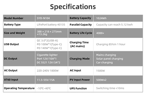 Centrale Électrique Portable LiFePO4 1800W 1024Wh Directement de l'Usine, Générateur Solaire d'Urgence pour Maison, Camping, Camping-car, USB-C 140W - Product Image 6