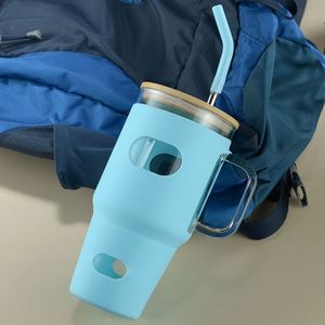 Mug isotherme en verre avec couvercle en bambou, 32 oz, gaine en silicone antichoc, poignée ergonomique, pour l'hydratation quotidienne en extérieur - Product Image 2