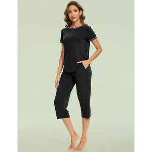 Ropa de Dormir para Mujer, Conjunto de Pijama de Viscosa de Bambú de 2 Piezas, Manga Corta, Pantalones Capri, Ropa de Dormir Suave para Mujer, Ropa de Casa, Fábrica de Ropa - Product Image 2