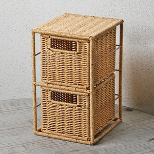 Faux Rattan Woven Desktop <b>Drawer</b> Organizer 2 <b>Drawers</b> Light Brown Cosmetic <b>Storage</b> Box Makeup Organizers - Product Image 1