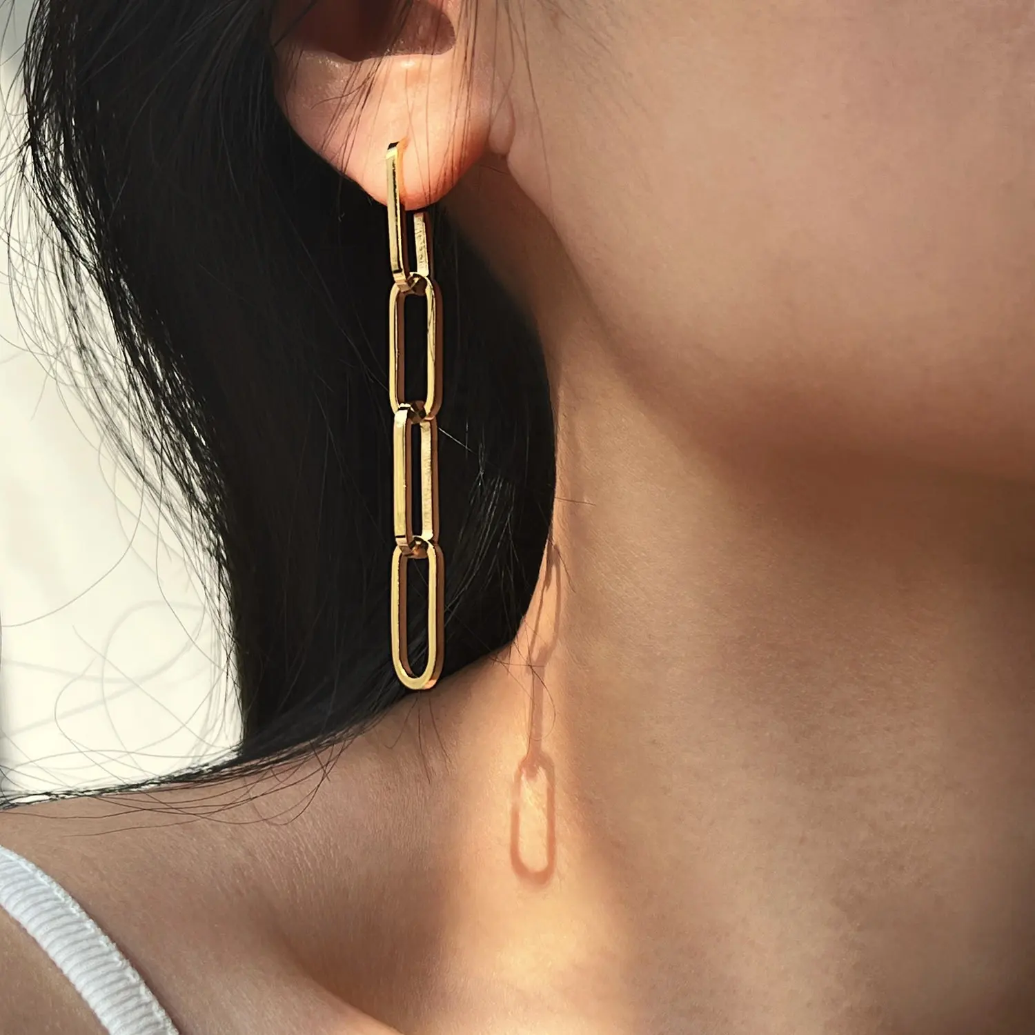 R.Gem. 18K Gold Plated Long Dangle Link Paper Clip Chain Earrings