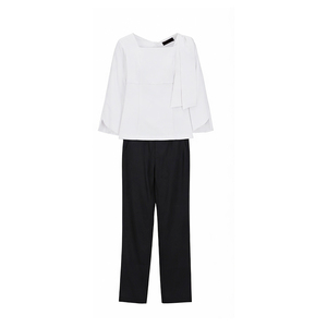 Blazer Casual de Verano para Mujer, Personalizado OEM ODM, Cuello Cuadrado, Top Blanco, Pantalones Negros - Product Image 1