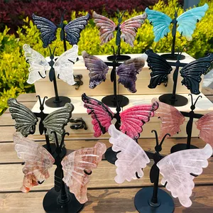 Hot Selling Crystal Crafts Vlindervleugels Crystal Rose Quartz Wings Met Metalen Stand Voor Thuis Decoraties