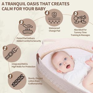 Cesta plegable de Moisés para bebé, cuerda de algodón 100%, pañal de bebé Beige personalizado, cesta de cambio de bebé para recién nacido con colchón - Product Image 4