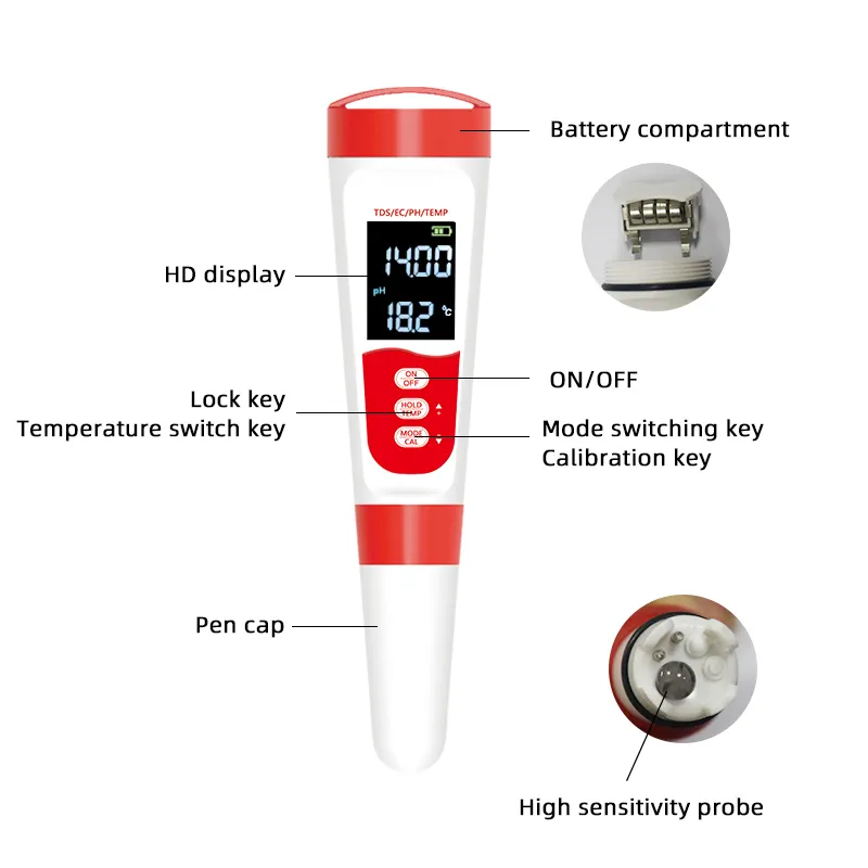 Yüksek doğruluk kalem tipi pH ölçer 4 In 1 su kalitesi test cihazı İletkenlik Ph/tds/ec/sıcaklık metre arkadan aydınlatmalı