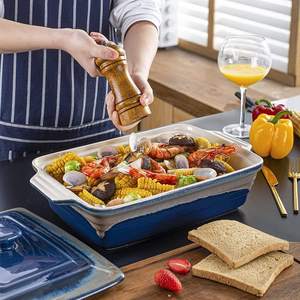 네뷸라 블루 반응성 유약 직사각형 세라믹 캐서롤 디쉬 세트 (뚜껑 포함) - 빈티지 라자냐 베이킹 트레이 - Product Image 6