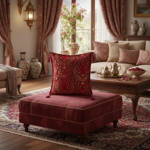 <b>Big</b> Red Tulip Designed Ottoman - Turkish Chenille Fabric <b>Cushion</b> Cover Pillow - Product Image 3