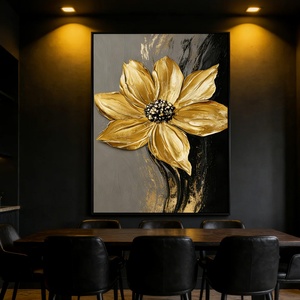 Peinture noire Golden Bloom, toile minimaliste faite à la main, œuvre d'art pour hôtel, décoration murale texturée pour la maison, décoration commerciale - Product Image 5