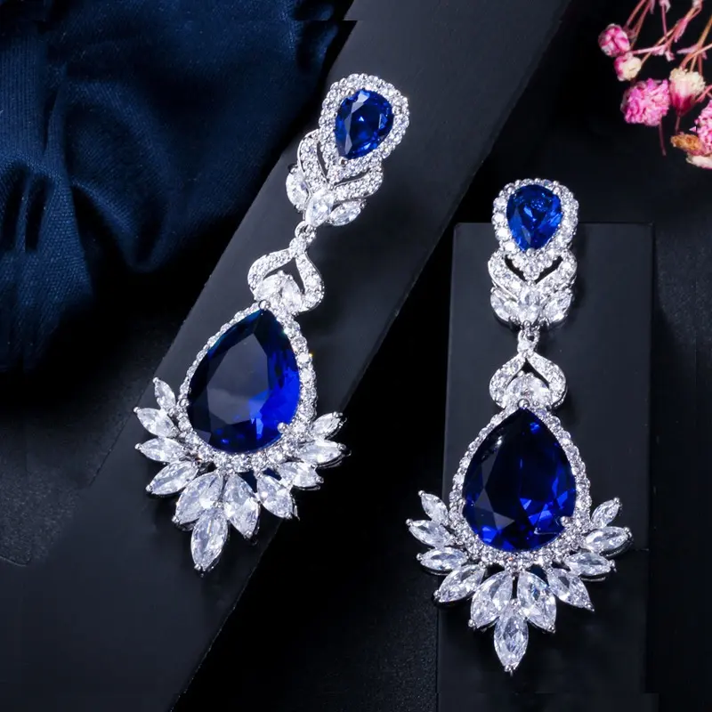 Korean Luxury Shine Wedding Jewelry Bridal Blue AAA Zircon Water Drop Dangle Stud Earrings for Women Wholesale