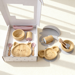 Gobelets en bambou <span class=keywords><strong>anti</strong></span>-<span class=keywords><strong>fuite</strong></span> avec couvercles en silicone et pailles, bavoir pliable antidérapant, assiettes en bambou en forme d'animaux, ustensiles pour tout-petits - Product Image 5