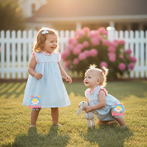 Conjuntos de Ropa para Hermanas, Vestidos Azules a Cuadros para Niñas con Volantes Rosas, Conjunto de Ropa de Verano sin Mangas para Niñas - Product Image 1