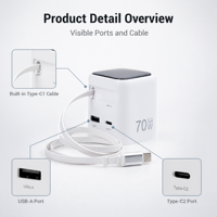 Chargeur rapide USB-C PD 65 Watts avec câble rétractable, prise US, charge rapide, ignifuge, type C