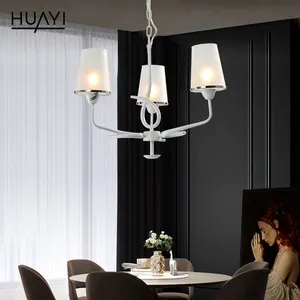 HUAYI Modern Simple Hotel White Hanging Dining Room Chandelier 3-Light LED Glass Indoor Pendant Light